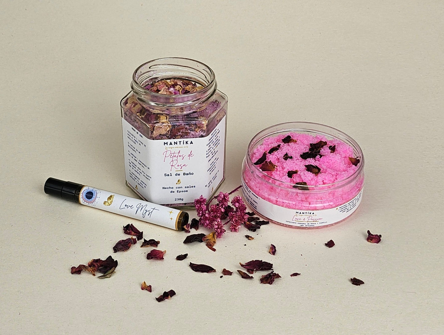 Kit Sal de Epsom de Rosas+ Exfoliante Love and Passion + Myst